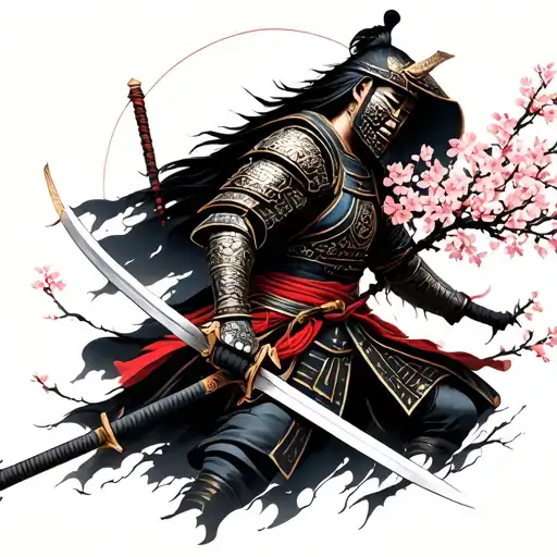 Japanese cherry blossom w samurai warrior. sword and armor. unique design describing rebirth through suffering. tattoo design idea