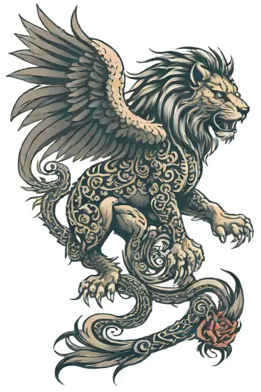 a full lion tattoo with phoenix wings on its back, add a dragon tail and a thorny rose  tattoo design idea