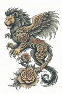a full lion tattoo with phoenix wings on its back, add a dragon tail and a thorny rose  tattoo design idea