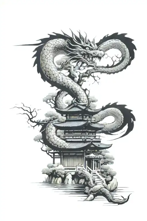 Japanese temple with dragon wrapped around it, ponds and bonsai tattoo design idea