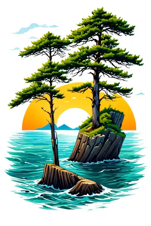 british columbia ocean scene with trees and rockiness in the background and a piling sticking out of the water tattoo design idea