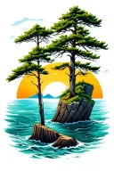 british columbia ocean scene with trees and rockiness in the background and a piling sticking out of the water tattoo design idea