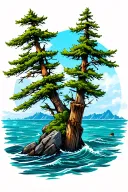 british columbia ocean scene with trees and rockiness in the background and a piling sticking out of the water tattoo design idea