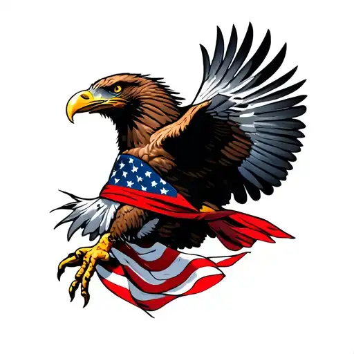 Flying Bald Eagle wearing an American Flag bandana. Black case in it's talons. tattoo design idea