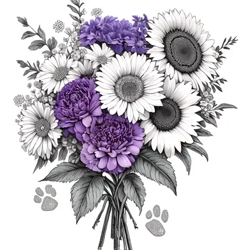 bouquet of flowers including carnations, violets, asters, chrysanthemums and sunflowers with dog prints  tattoo design idea