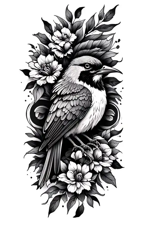 A vertical half-sleeve tattoo design for the upper outer arm, fine line blackwork style. The focal point is a Bird of Pa tattoo design idea