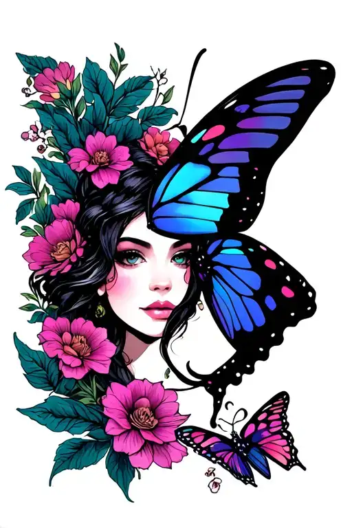 Half Butterfly Half Flower woman tattoo design idea