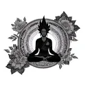 a Yugi man on meditation pose and written "om Mani padme hum" around her like circle  tattoo design idea
