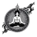 a Yugi man on meditation pose and written "om Mani padme hum" around her like circle  tattoo design idea