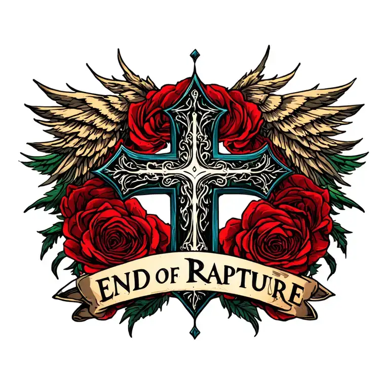 "end of rapture" religious cross tattoo design idea
