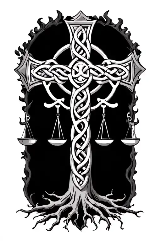Celtic cross with Justice scales and tree roots tattoo design idea