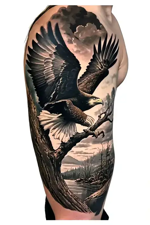 eagle landing on tree and nature and technology tattoo design idea