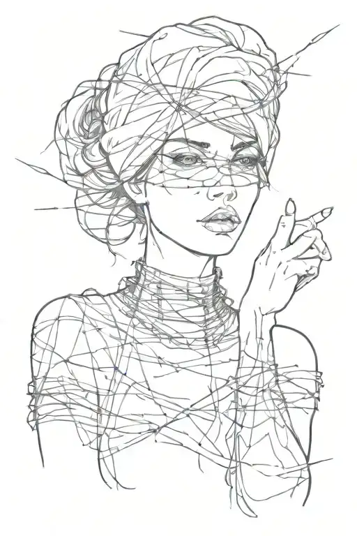 A girl in the style of a sketch with a blindfold with a hayo made of barbed wire in the top of her hands on her chest tattoo design idea