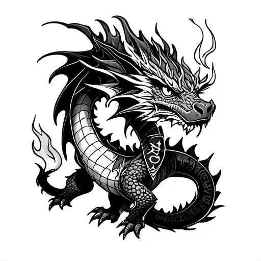A small dragon with flaming small fire on a collar with the inscription Dracaris, black white tattoo design idea