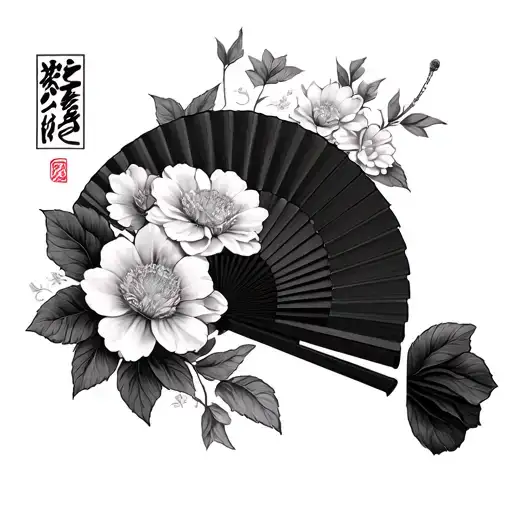 Korea flowers with a fan in his hand tattoo design idea