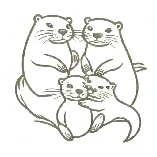 a family if four otters holding hands floating on their backs with the two middle otters smaller than the others. tattoo design idea