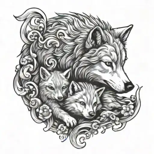 curled up wolf lying with small baby animals (puppy, kitten, pig, bear, bunny, guinea pig) tattoo design idea