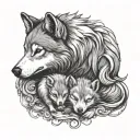 curled up wolf lying with small baby animals (puppy, kitten, pig, bear, bunny, guinea pig) tattoo design idea