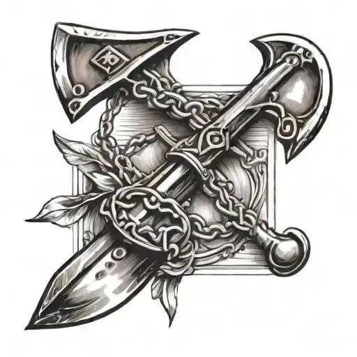 Pick Axe and Shovel crossed and wrapped in rosary beads tattoo design idea