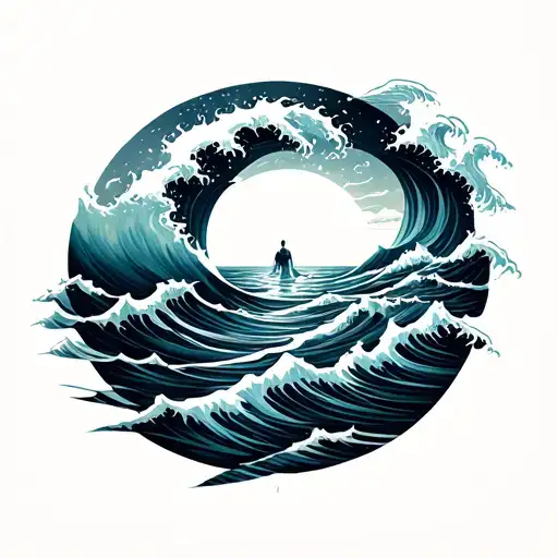 horizon line over vast ocean, waves fading into concentric circles, representing depth and infinite trust tattoo design idea