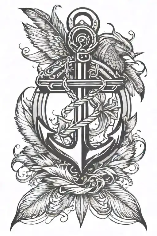 Infiniti symbol with anchor feather and birds flying tattoo design idea