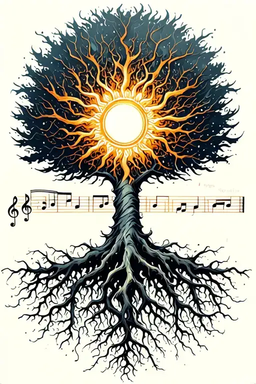 radient sun shining through a tree of life with veins for roots. musical notes symolizing harmony and chaos   tattoo design idea