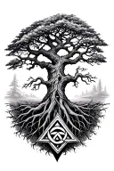 Tree of the tree of life yggdrasil with the valknut symbol in its roots. tattoo design idea