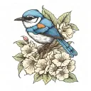 blue wren bird sitting alone on a camillia flower blooming tattoo design idea