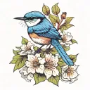 blue wren bird sitting alone on a camillia flower blooming tattoo design idea