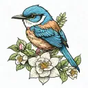 blue wren bird sitting alone on a camillia flower blooming tattoo design idea