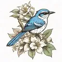 blue wren bird sitting alone on a camillia flower blooming tattoo design idea