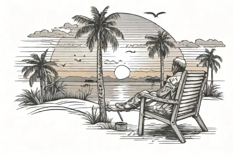 realistic. A sunset on safari, with palm trees, the sun setting and a person sitting in a chair  tattoo design idea