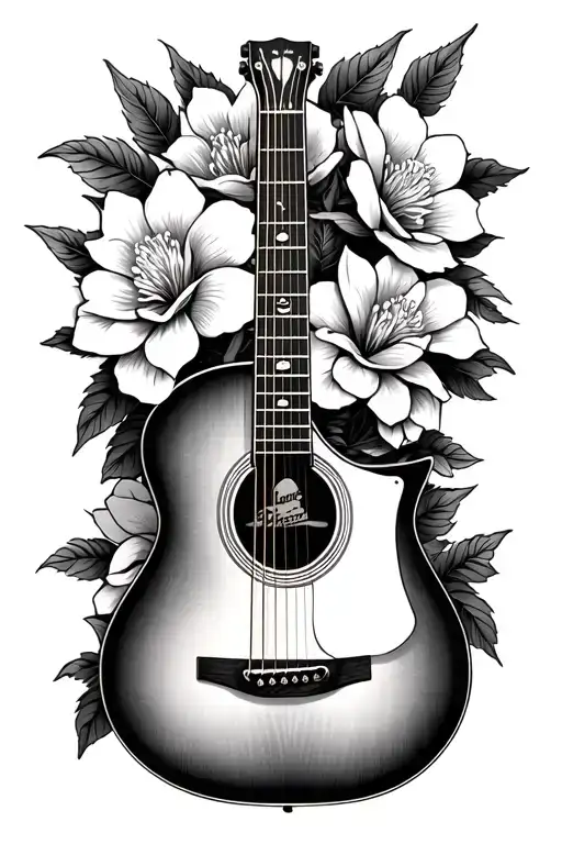 gibson acoustic guitar with entertwining gardenias tattoo design idea