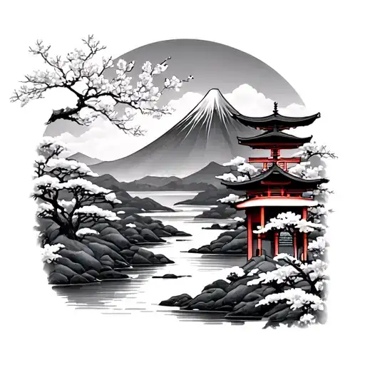A mountain in the background with a river, sakura and a Japanese tori in the foreground tattoo design idea