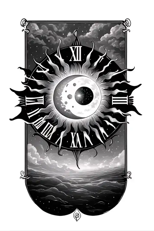 roman numerals 23/10/18 with a sun and moon merging together tattoo design idea