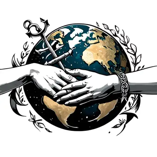 anchor couple holding hands reaching deep into the earth tattoo design idea