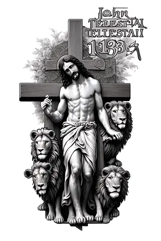 Jesus with a cross and lions with lambs "tetelestai" "John 19:30" beheath teltelstai  tattoo design idea
