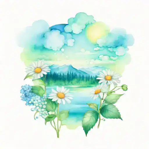 A surreal tattoo of a dreamy Humboldt landscape with daisies and hydrangeas blooming in unexpected places, capturing the client's connection to their hometown tattoo design idea