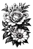 Lily of the valley, rose, larkspur, chrysanthemum, marigold, cosmos flowers  tattoo design idea