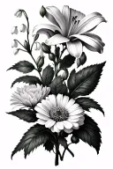 Lily of the valley, rose, larkspur, chrysanthemum, marigold, cosmos flowers  tattoo design idea