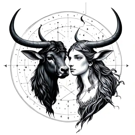 Constellations of the Virgin and Taurus intertwined in a fine line which follows the curve of the arm or the collarbone tattoo design idea