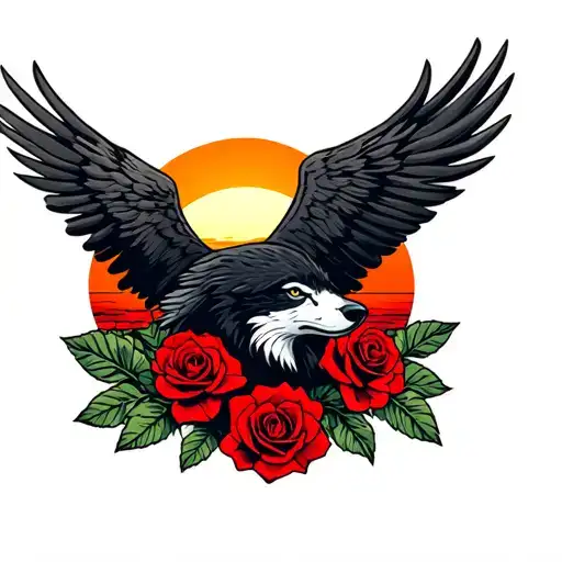 red roses Harley Davidson eagle wolf mountains sun set tattoo design idea