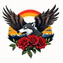 red roses Harley Davidson eagle wolf mountains sun set tattoo design idea