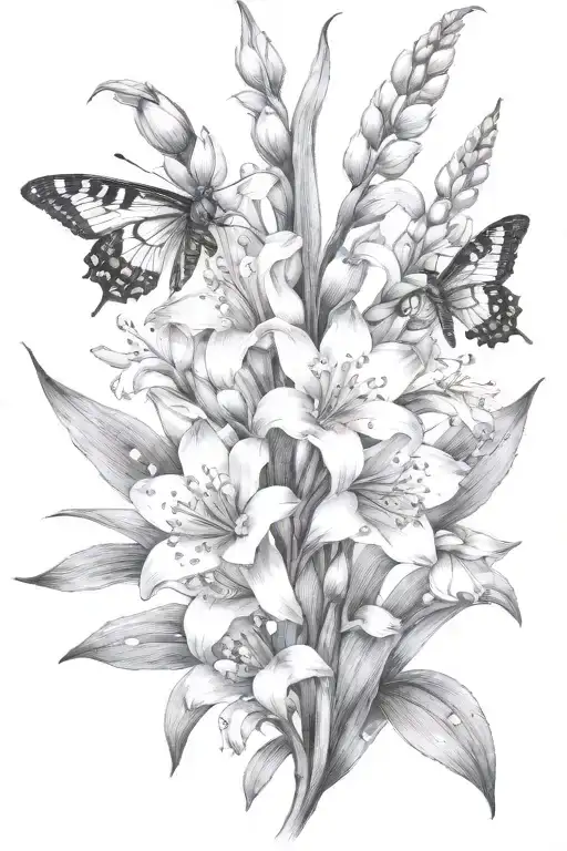 lily of the valley gladiolus lotus flowers bloominwith bee flying towards living tattoo design idea