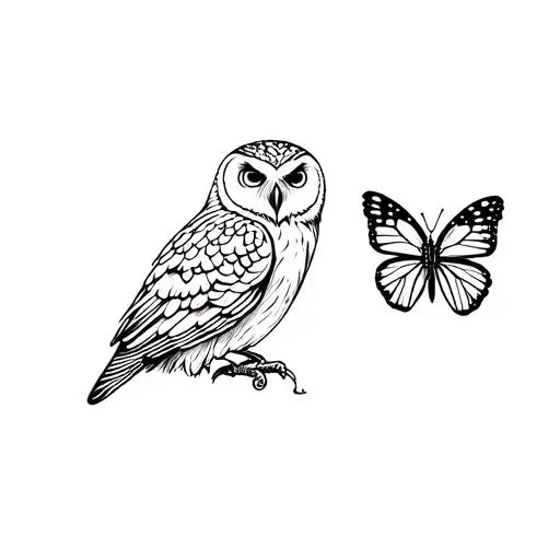 of an owl and next to it, a butterfly, both flying next to each other tattoo design idea