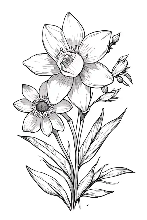 daffodil, honeysuckle, water lily, larkspur, and chrysanthemum  tattoo design idea