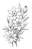 daffodil, honeysuckle, water lily, larkspur, and chrysanthemum  tattoo design idea