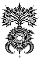 tribal design including army elements, tree of life, dna strand, goddess sun and moon in cente, dragon, hawaiian islands tattoo design idea