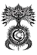 tribal design including army elements, tree of life, dna strand, goddess sun and moon in cente, dragon, hawaiian islands tattoo design idea