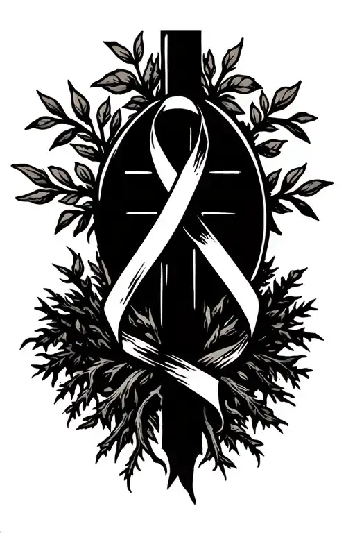 cross with roots and colon cancer ribbon  tattoo design idea